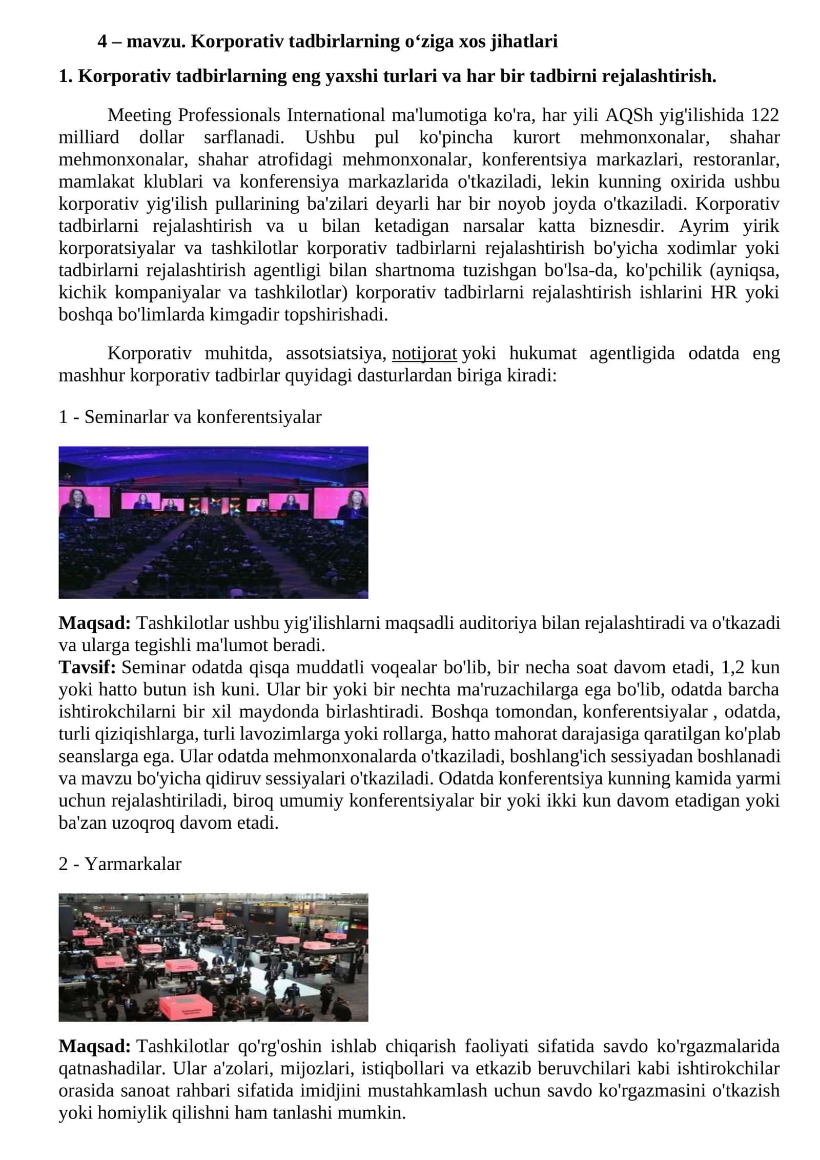 Korporativ tadbirlarning oʻziga xos jihatlari
