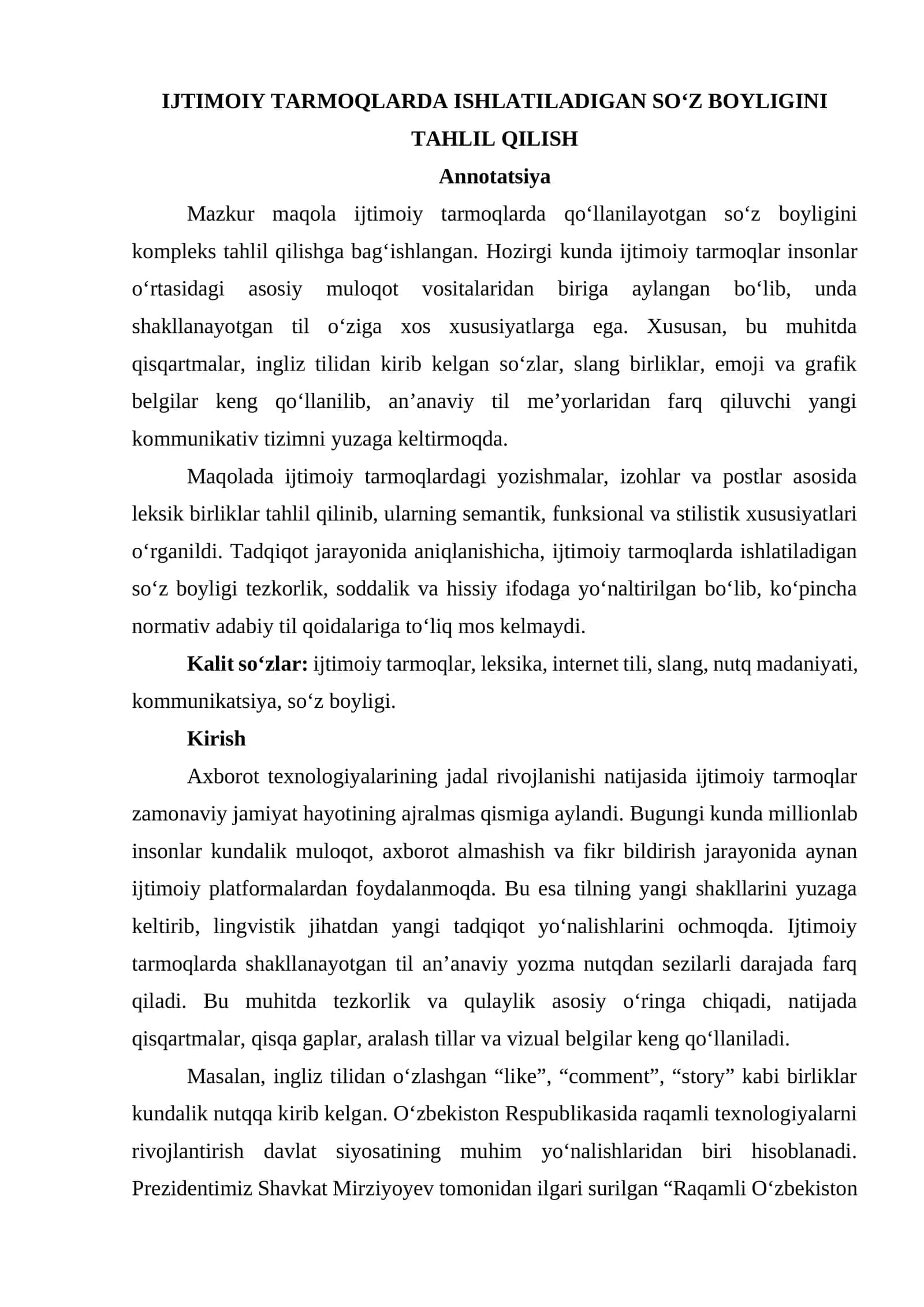 IJTIMOIY TARMOQLARDA ISHLATILADIGAN SO‘Z BOYLIGINI TAHLIL QILISH