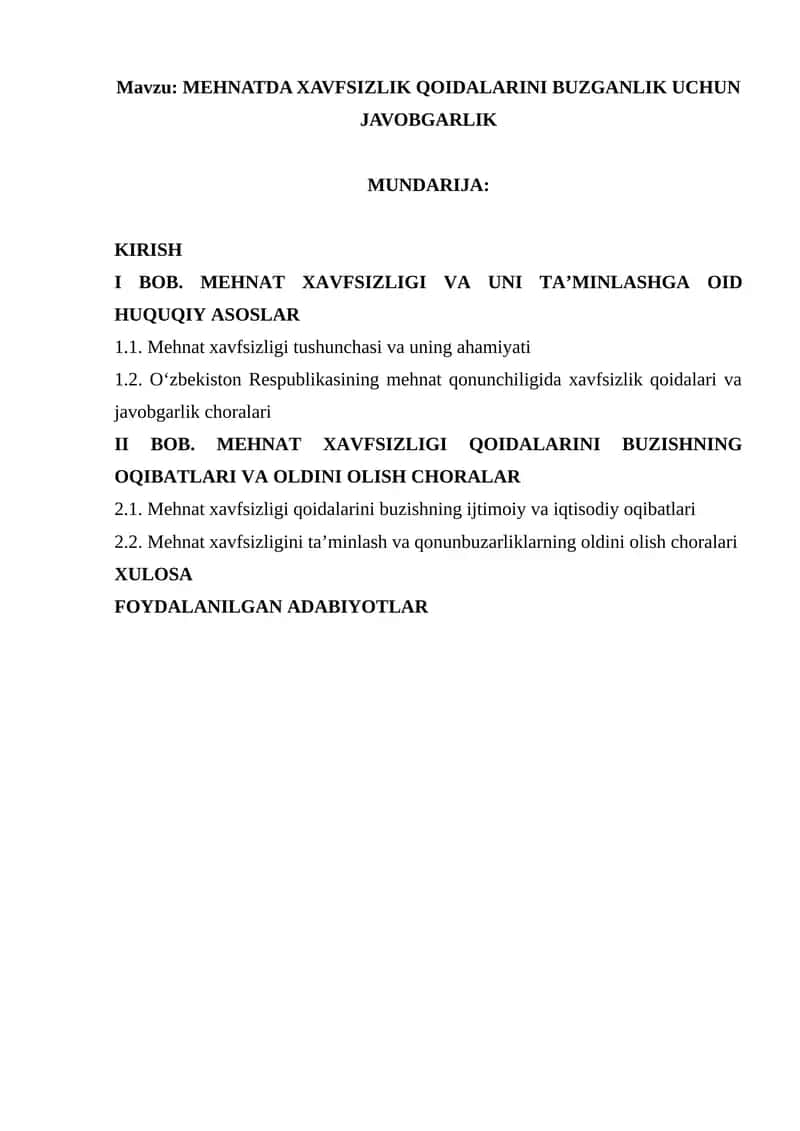 Mehnatda Xavfsizlik Qoidalari