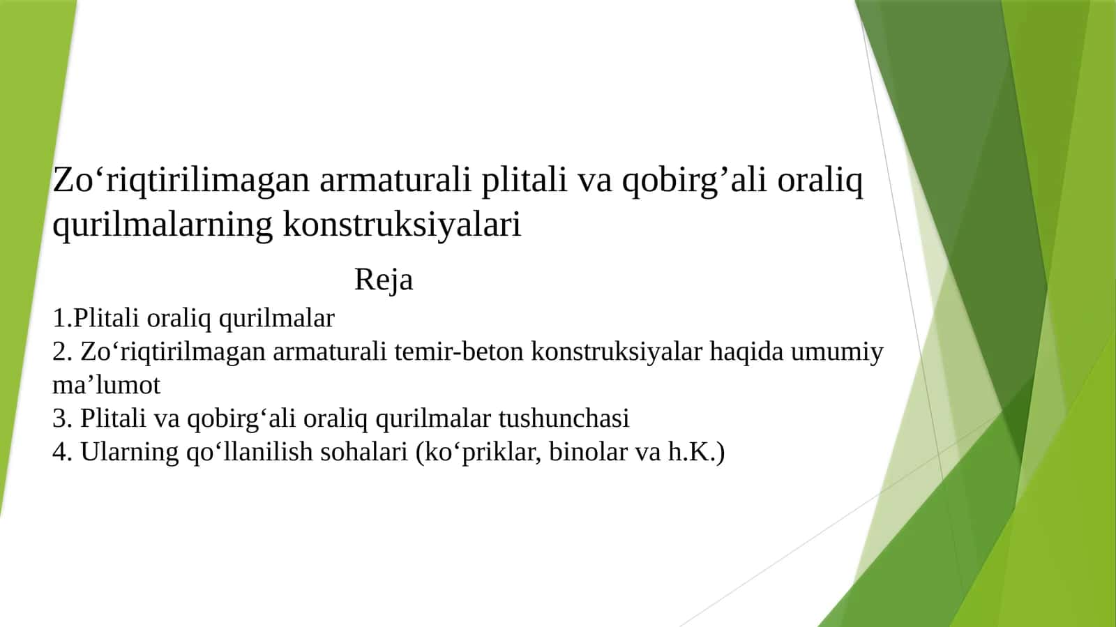 Zo'riqtirilmagan armaturali plitalar va qobirg'alioraliq qurilmalar