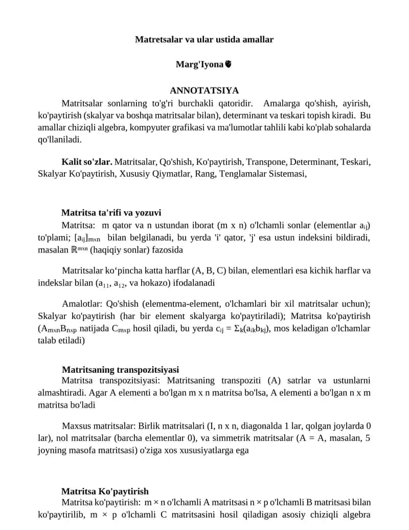 Matritsalar va ular ustida amallar