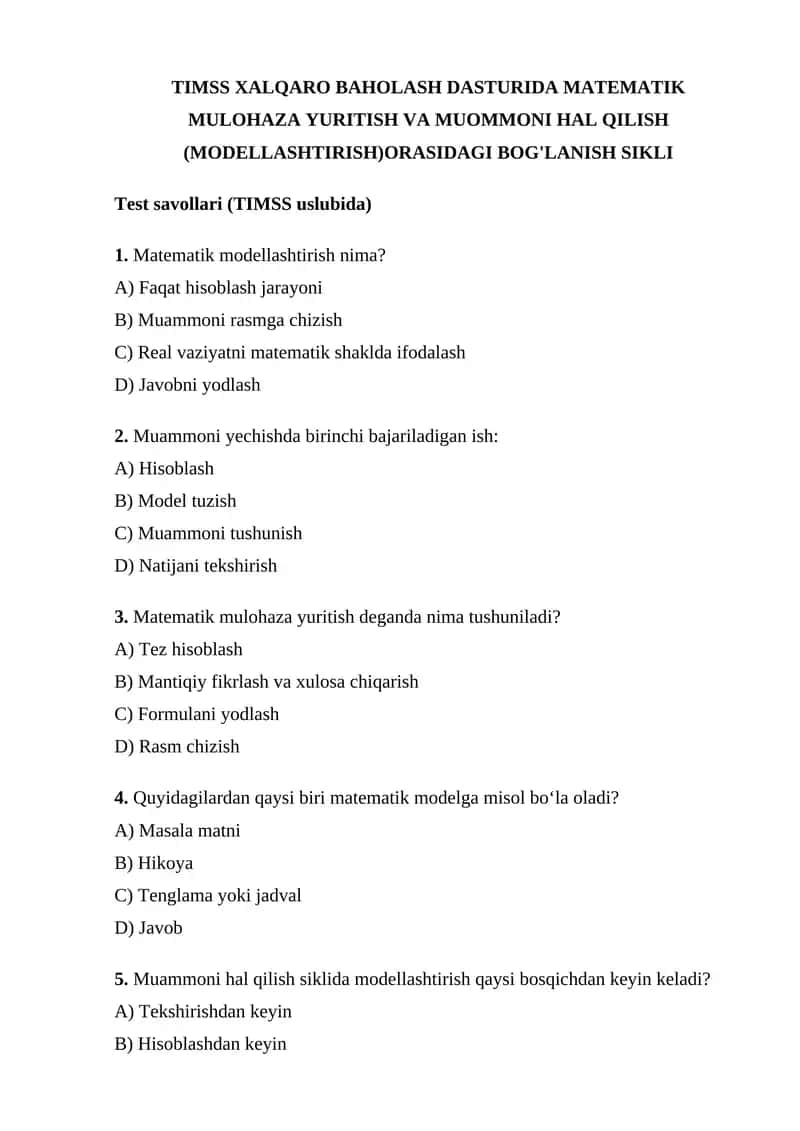TIMSS XALQARO BAHOLASH DASTURIDA MATEMATIK MULOHAZA YURITISH VA MUOMMONI HAL QILISH (MODELLASHTIRISH)ORASIDAGI BOG'LANISH SIKLI