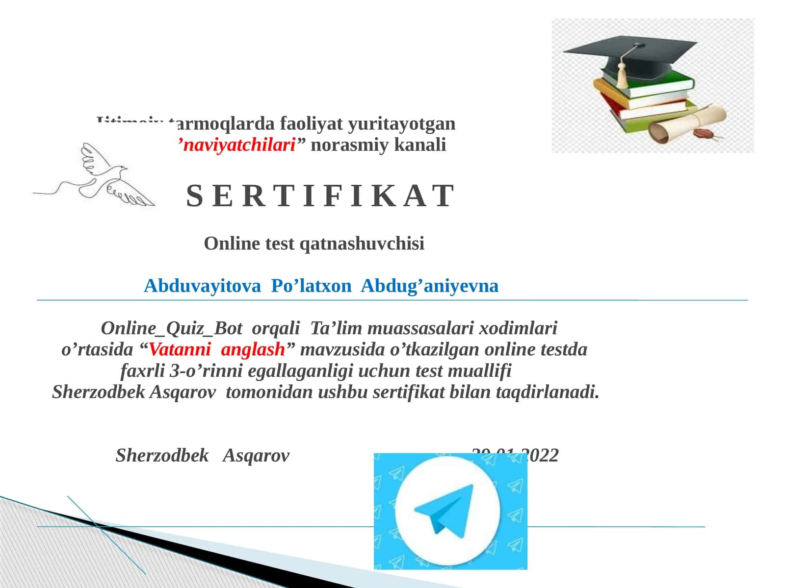 "Vatanni anglash" mavzusida o'tkazilgan onlinetest