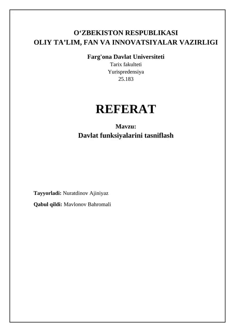 Davlat funksiyalarini tasniflash