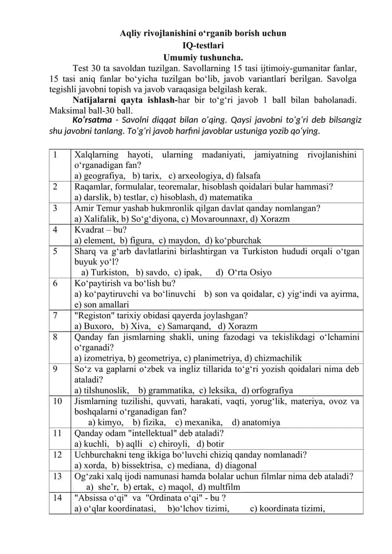 Aqliy rivojlanishini o‘rganib borish uchun IQ-testlari