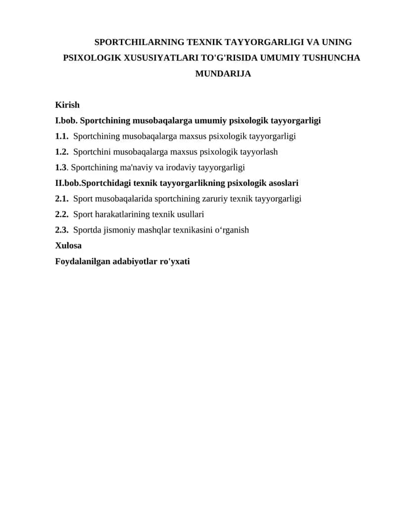 SPORTCHILARNING TEXNIK TAYYORGARLIGI VA UNING PSIXOLOGIK XUSUSIYATLARI