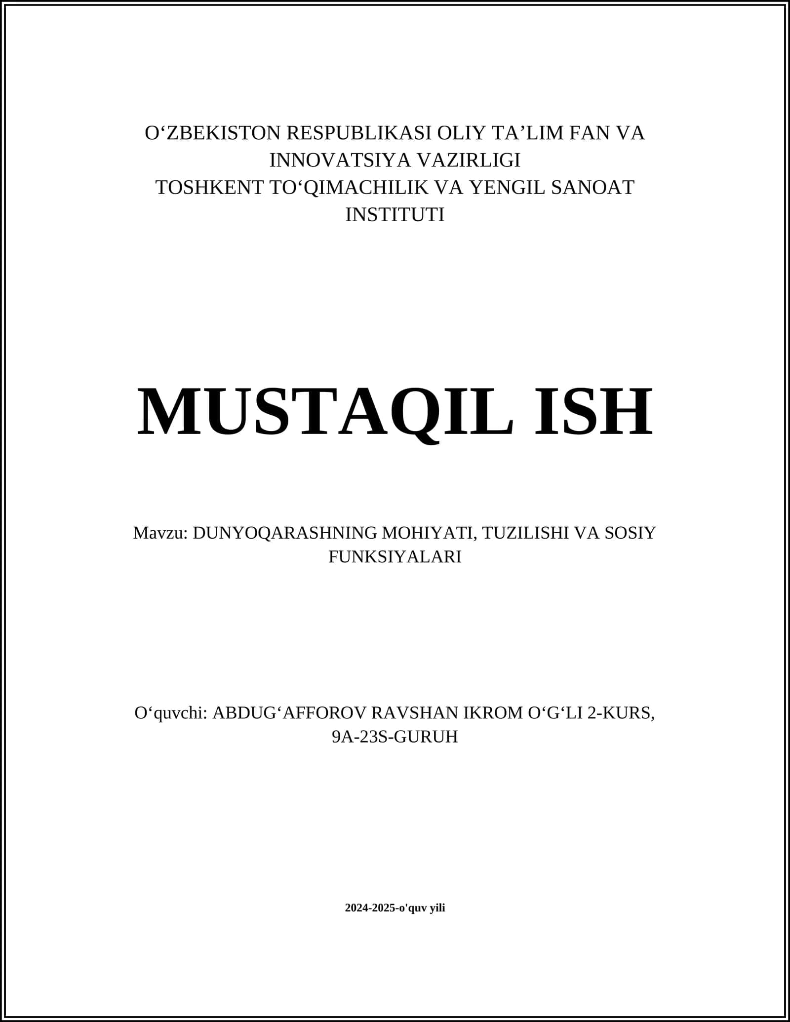 DUNYOQARASHNING MOHIYATI, TUZILISHI VA SOSIY FUNKSIYALARI