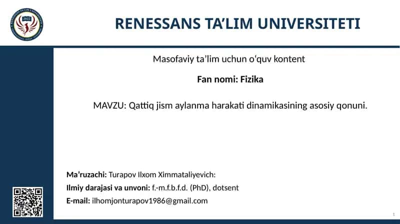 Qattiq jism aylanma harakati dinamikasining asosiy qonuni