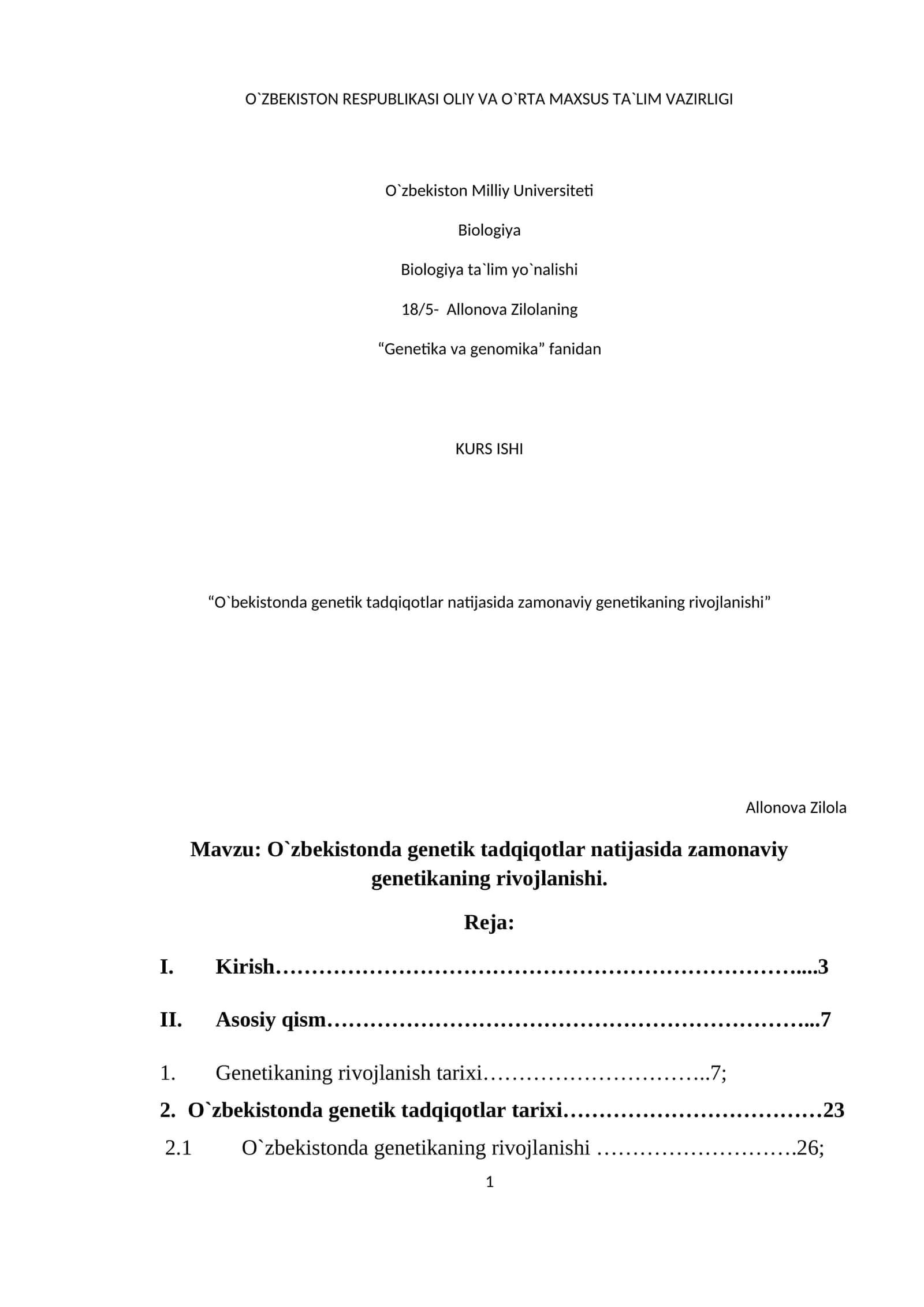 O`zbekistonda genetik tadqiqotlar natijasida zamonaviy genetikaning rivojlanishi