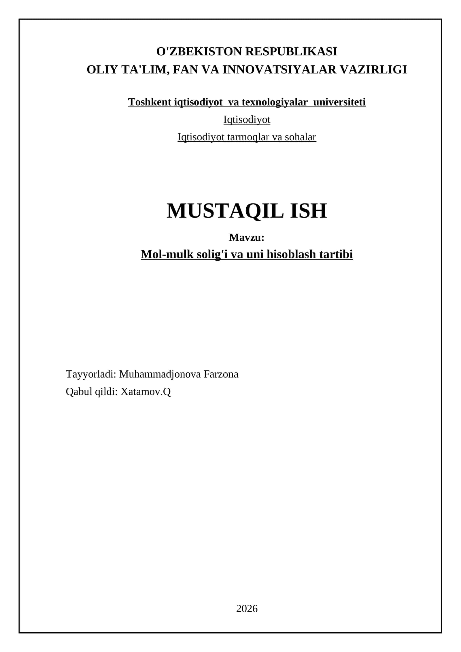 Mol-mulk solig'i va uni hisoblash tartibi