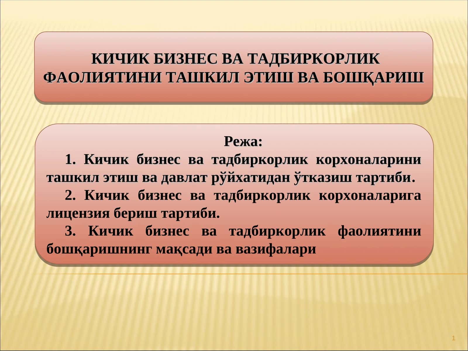 КИЧИК БИЗНЕС ВА ТАДБИРКОРЛИК ФАОЛИЯТИНИ ТАШКИЛ ЭТИШ ВА БОШҚАРИШ