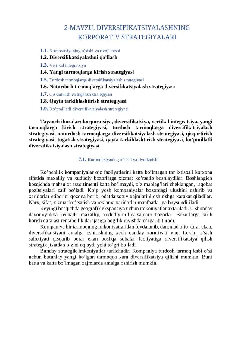 DIVERSIFIKATSIYАLASHNING KORPORATIV STRATEGIYАLARI