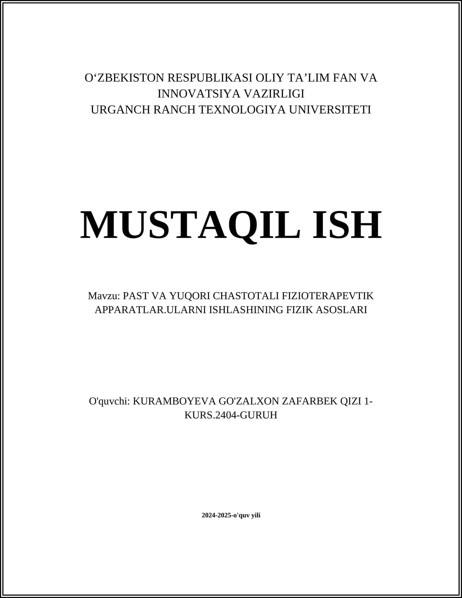 PAST VA YUQORI CHASTOTALI FIZIOTERAPEVTIK APPARATLAR.ULARNI ISHLASHINING FIZIK ASOSLARI