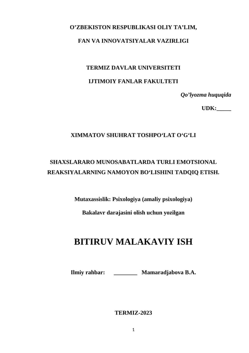 Shaxslararo munosabatlarda turli emocional reaksiyalarning namoyon bo'lishini tadqiq etish