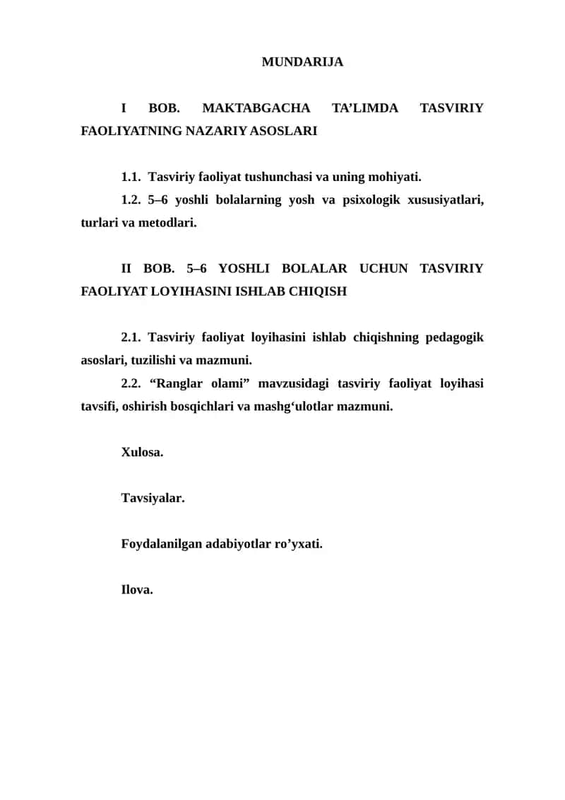 5-6 yoshli bolalar uchun tasviriy faoliyatloyihasini ishlab chiqish.