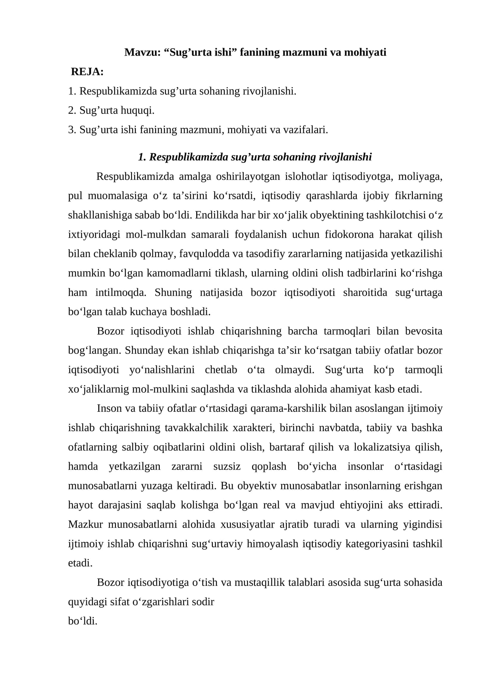 “Sug’urta ishi” fanining mazmuni va mohiyati