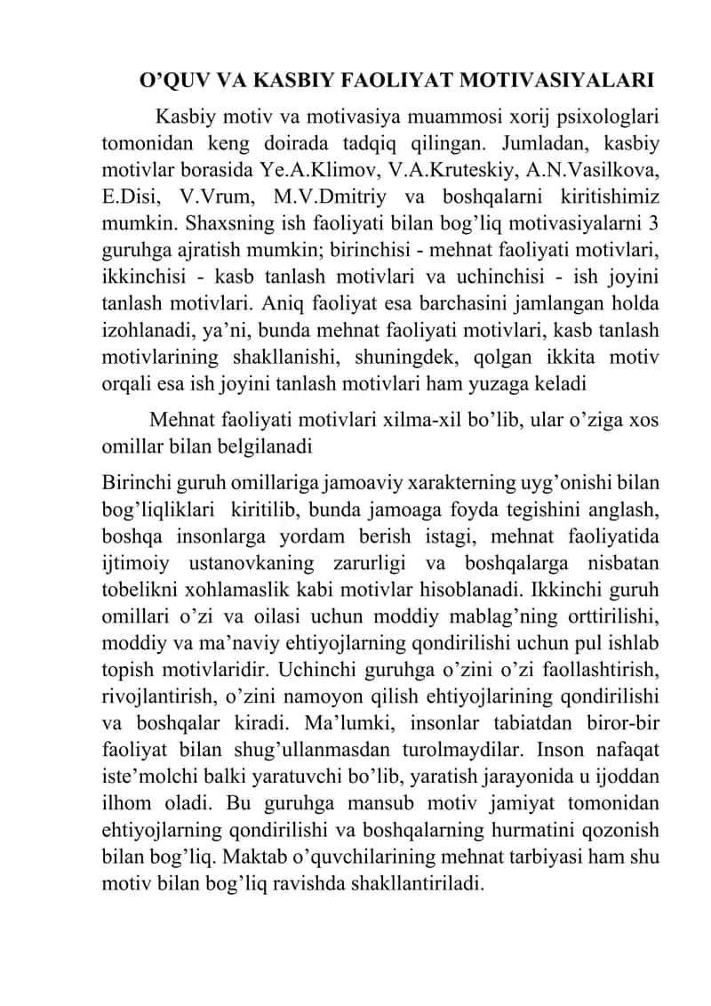 kasbiy va oʻqish mativatsiyasi