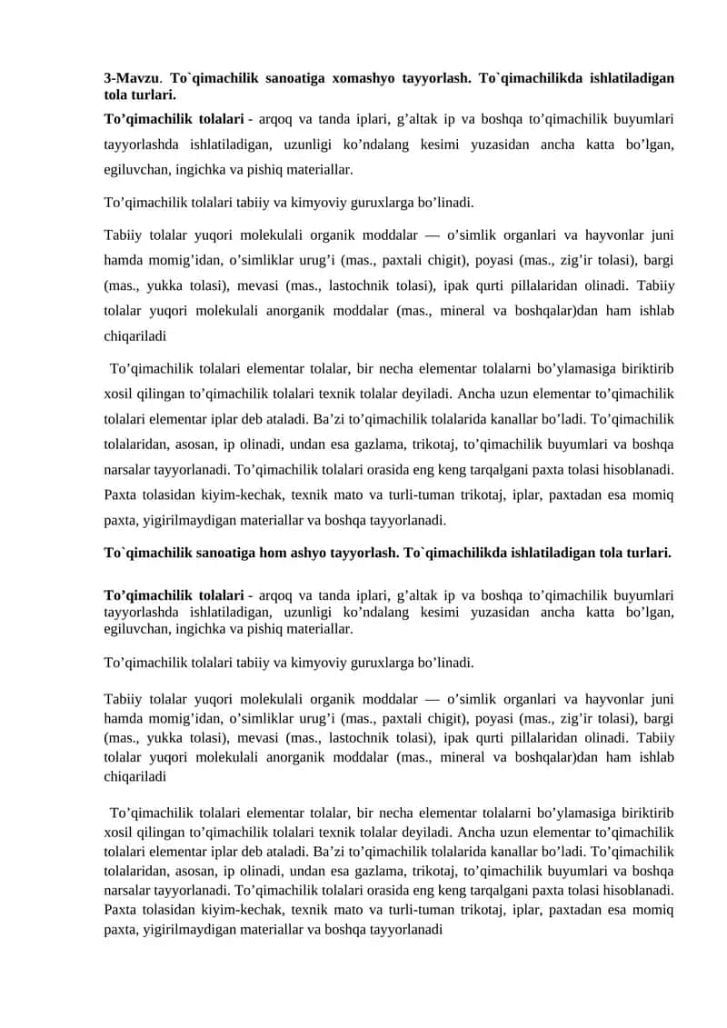 To`qimachilik sanoatiga xomashyo tayyorlash
