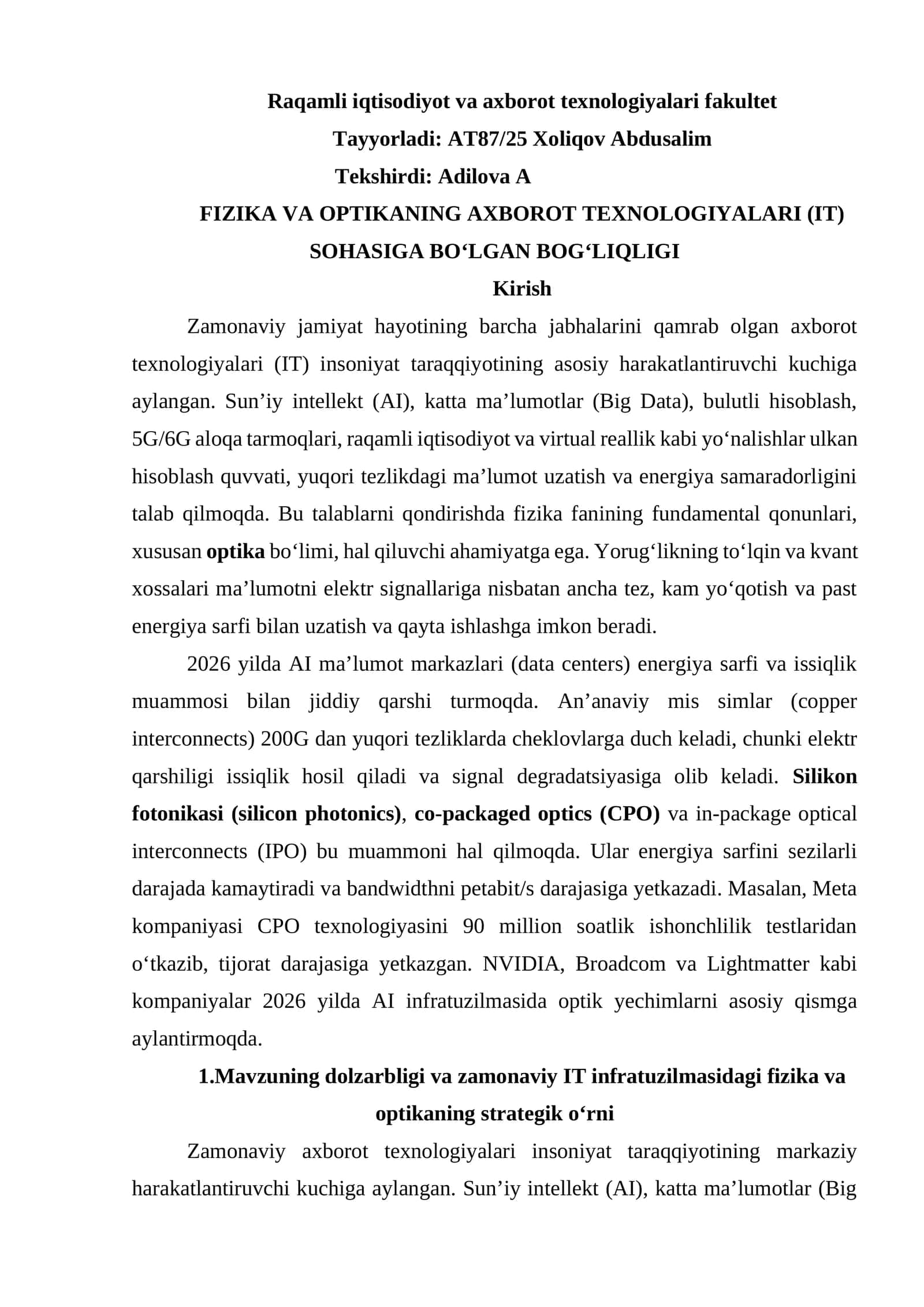 FIZIKA VA OPTIKANING AXBOROT TEXNOLOGIYALARI (IT) SOHASIGA BO‘LGAN BOG‘LIQLIGI