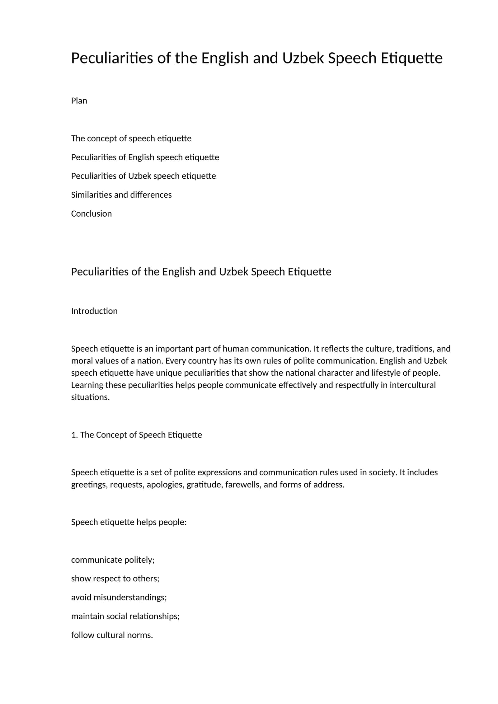 Peculiarities of the English and Uzbek Speech Etiquette