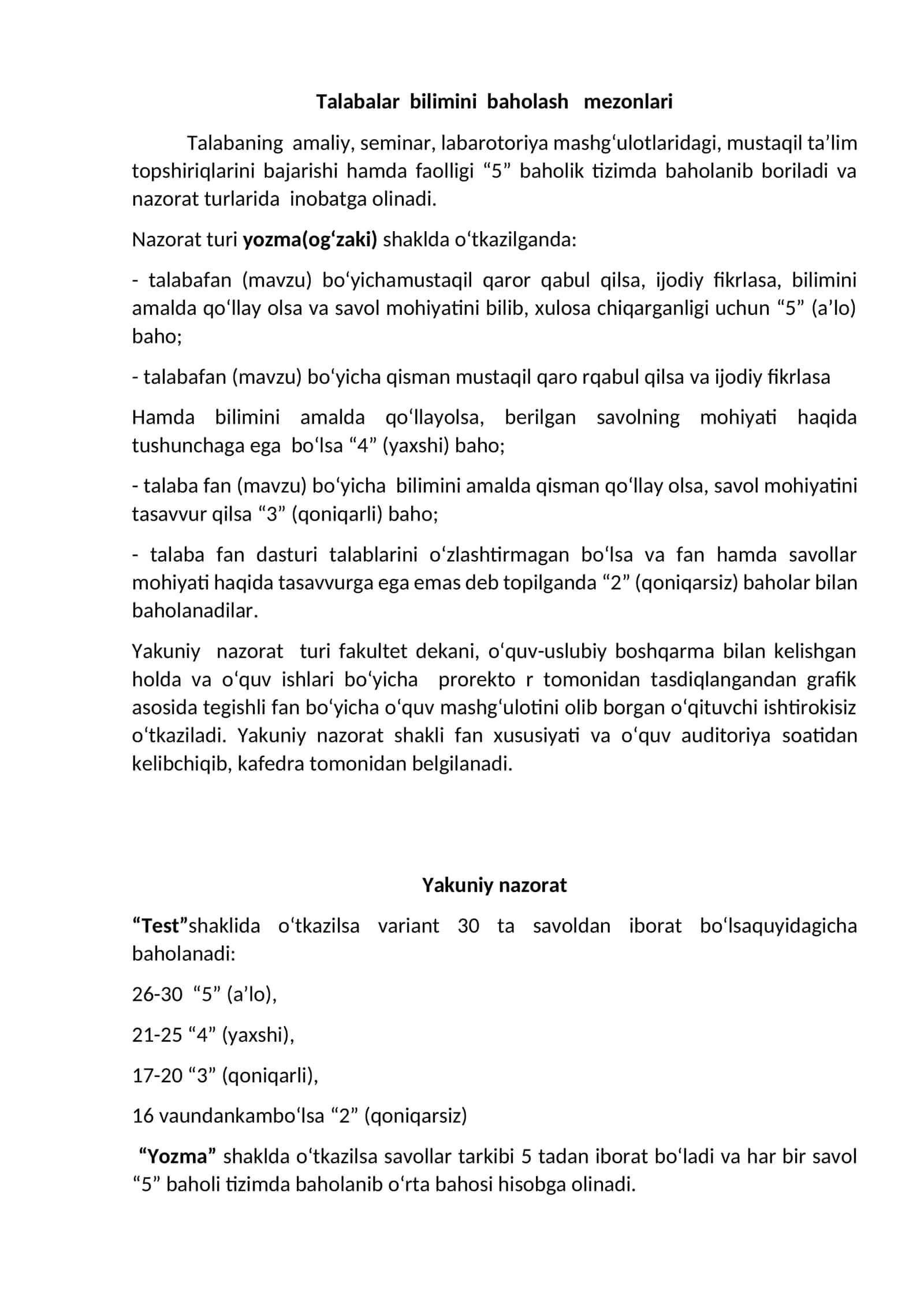 Talabalar bilimini baholash mezonlari