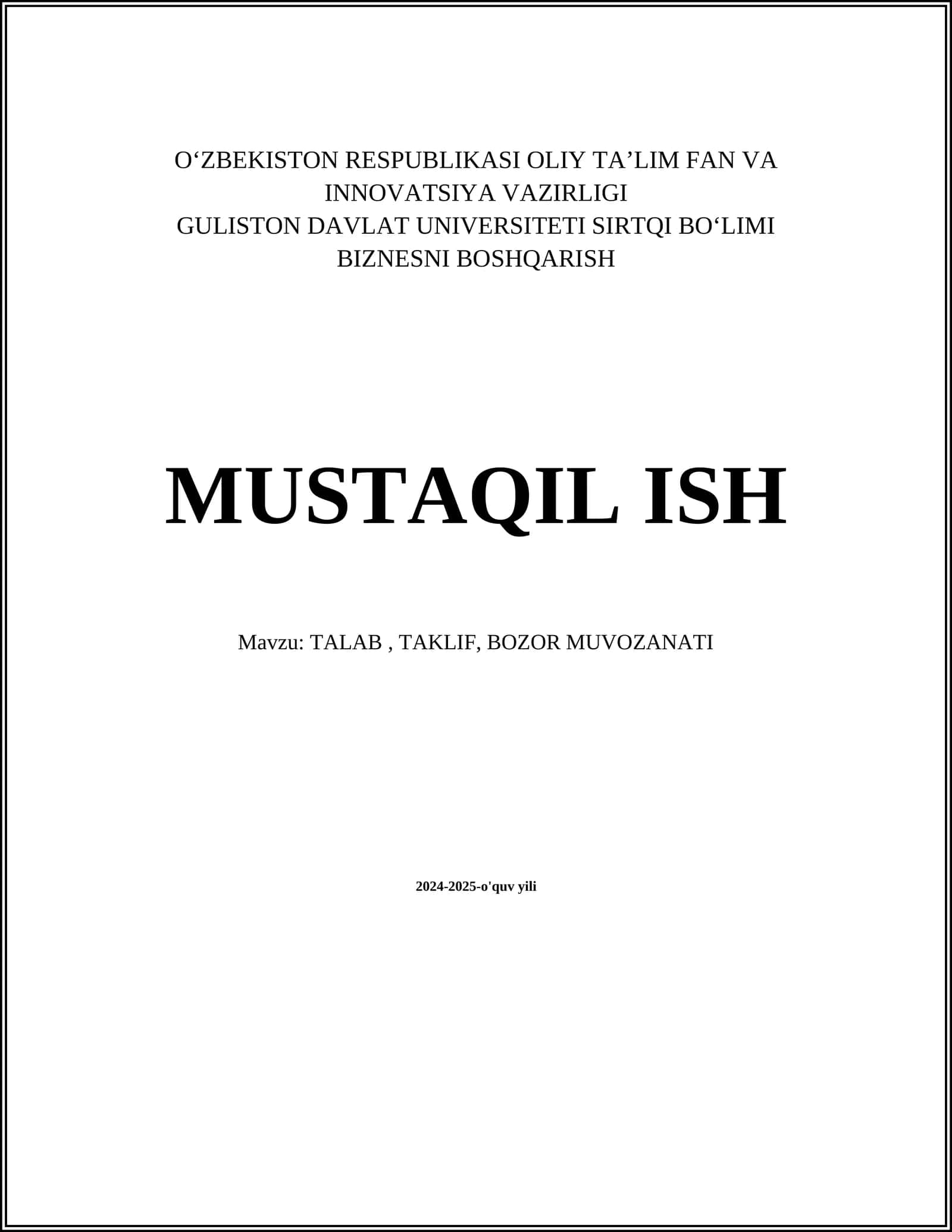 Talab, Taklif, Bozor Muvozanati