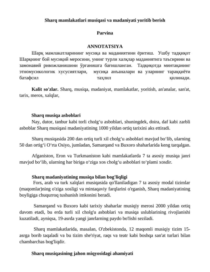 Sharq mamlakatlari musiqasi va madaniyati yoritib berish