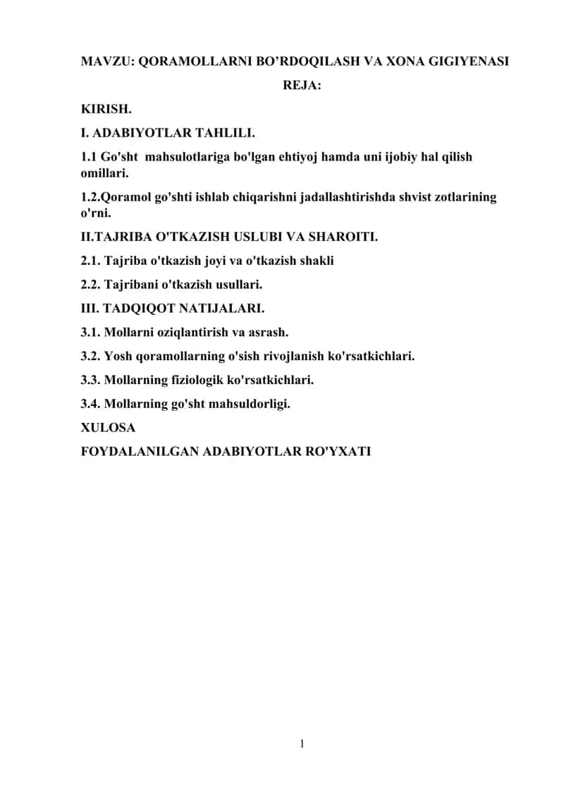 QORAMOLLARNI BO’RDOQILASH VA XONA GIGIYENASI