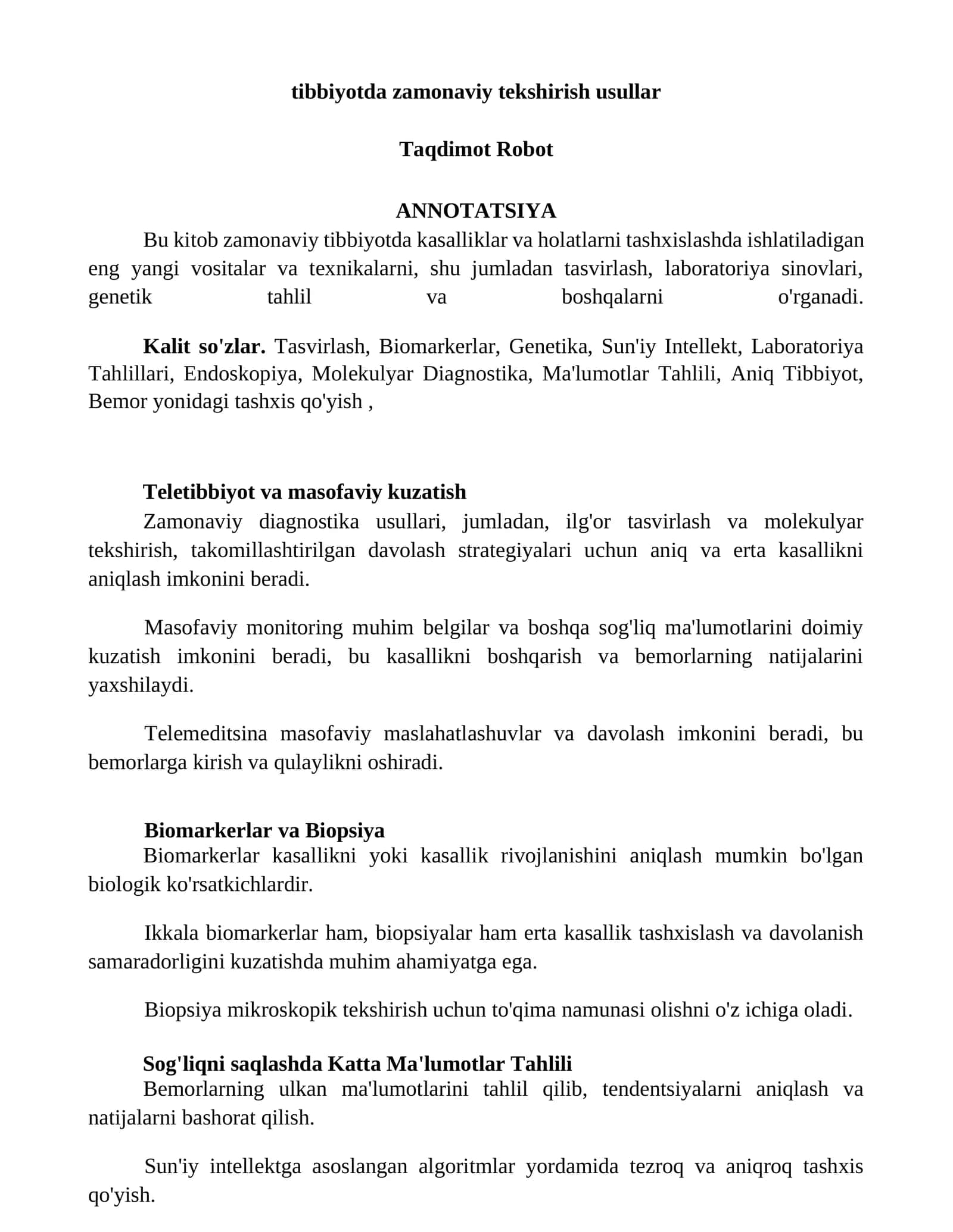 Tibbiyotda zamonaviy tekshirish usullar