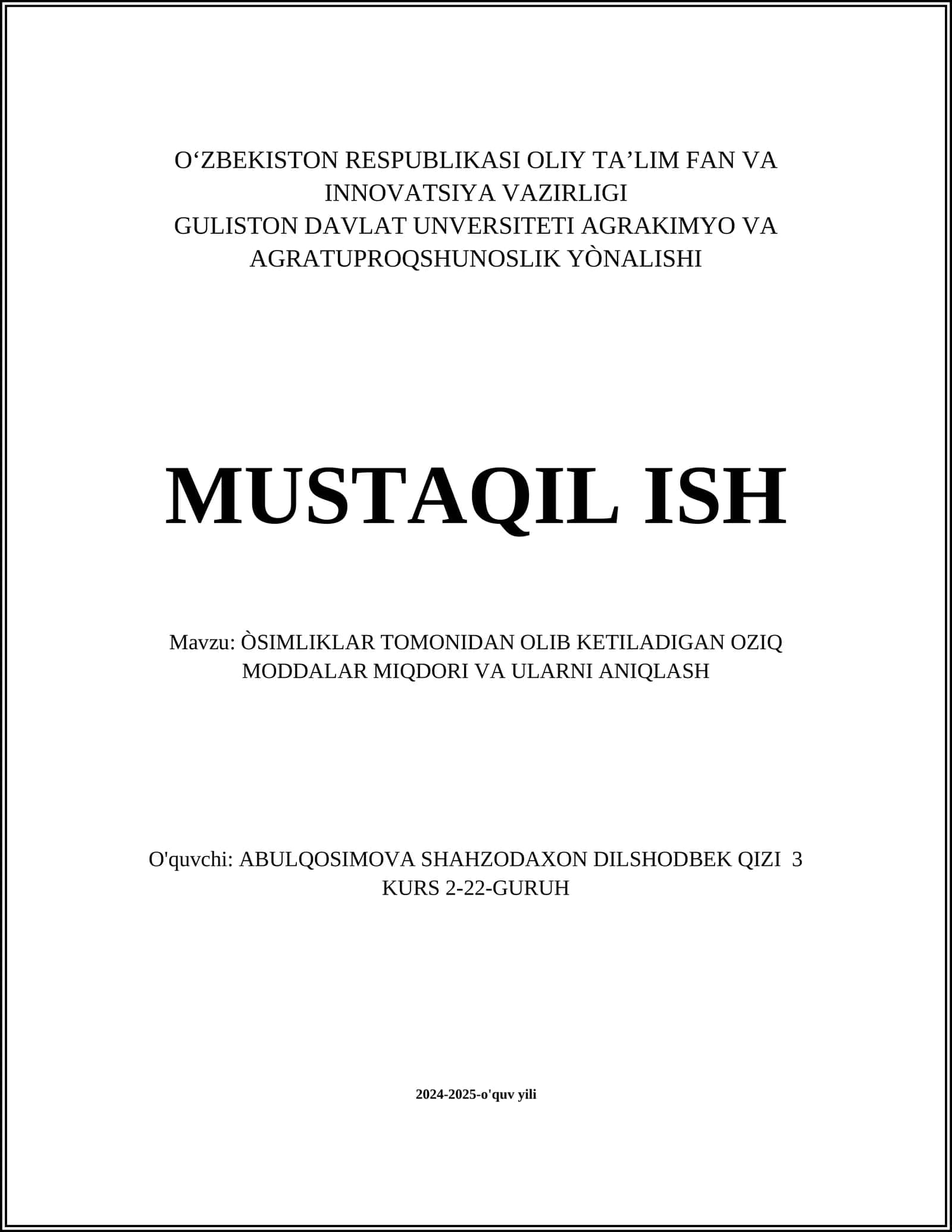 ÒSIMLIKLAR TOMONIDAN OLIB KETILADIGAN OZIQ MODDALAR MIQDORI VA ULARNI ANIQLASH