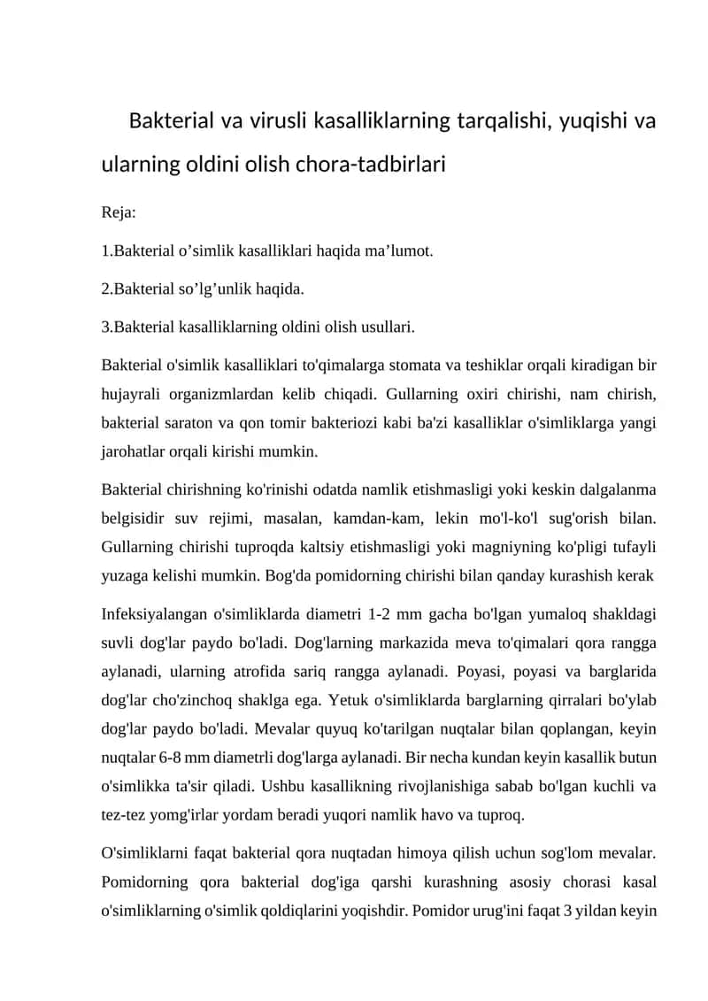Bakterial va virusli kasalliklarning tarqalishi, yuqishi va ularning oldini olish chora-tadbirlari