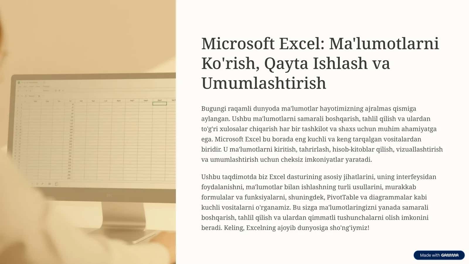 Microsoft Excel: Ma'lumotlarni Ko'rish, Qayta Ishlash va Umumlashtirish