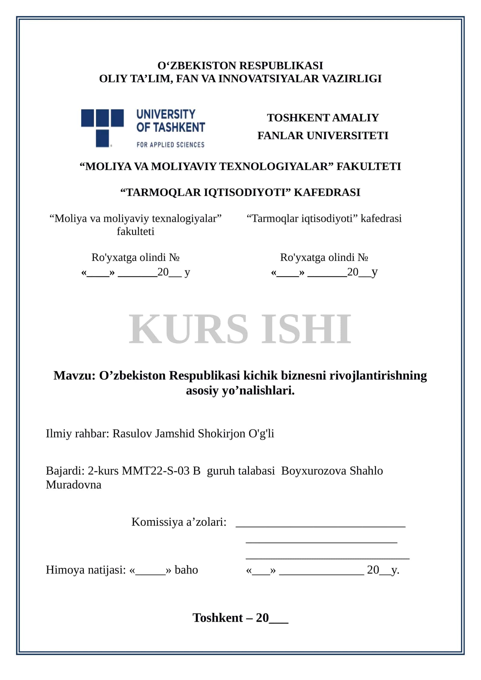 O’zbekiston Respublikasi kichik biznesni rivojlantirishning asosiy yo’nalishlari