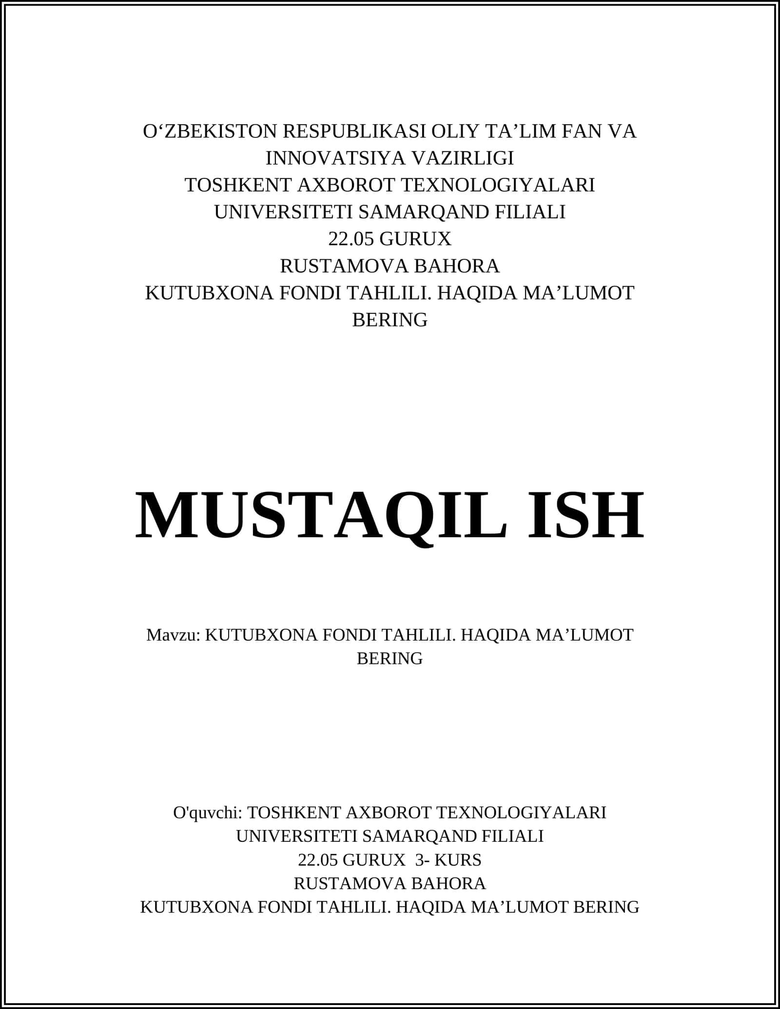 KUTUBXONA FONDI TAHLILI. HAQIDA MAʼLUMOT BERING