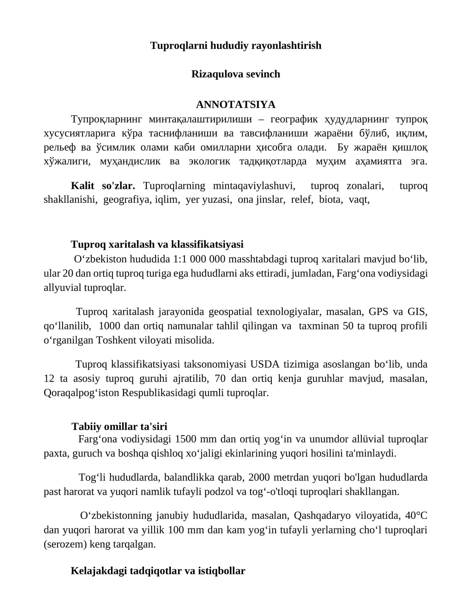 Tuproqlarni hududiy rayonlashtirish