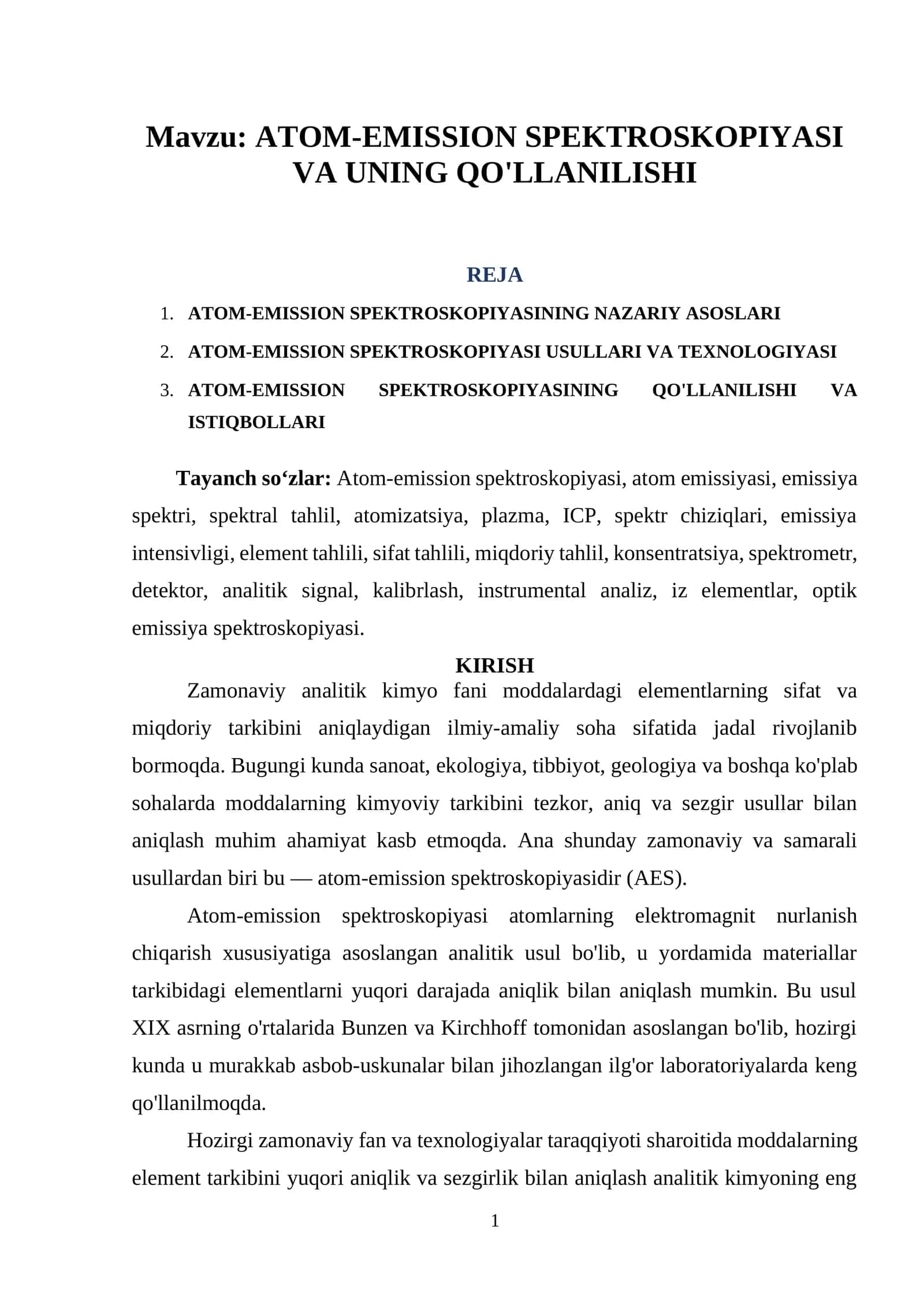 ATOM-EMISSION SPEKTROSKOPIYASI VA UNING QO'LLANILISHI