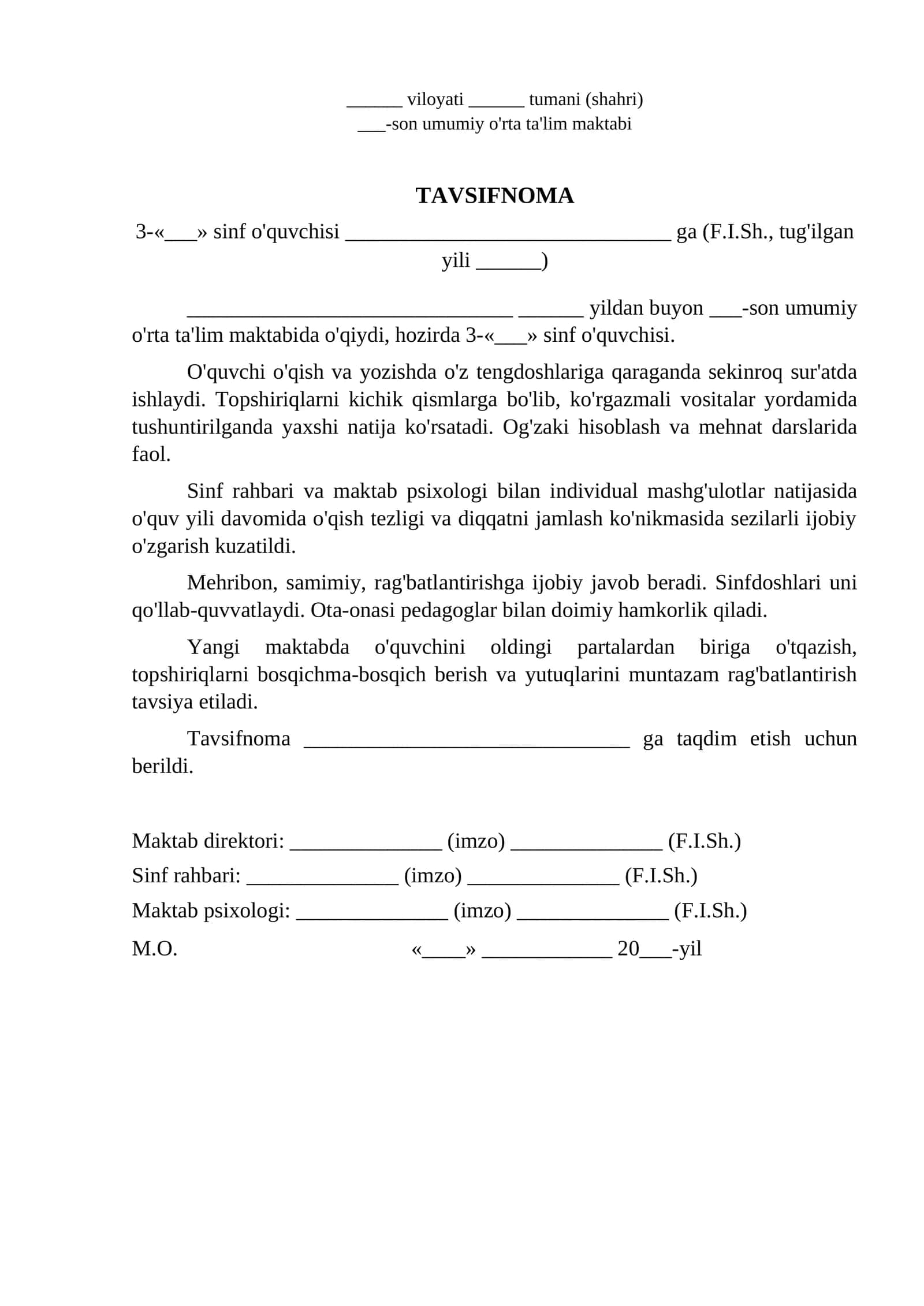 3 sinf oquvchisiga tavsifnoma alohida etibor talab qiluvchi boshqa maktabga otish xarakteristika namunasi