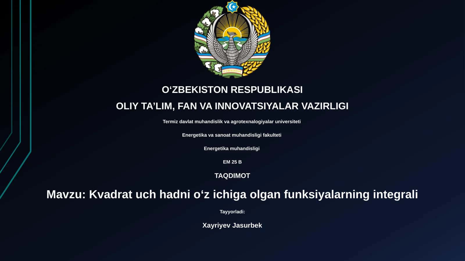 Kvadrat uch hadni oʻz ichiga olgan funksiyalarning integrali