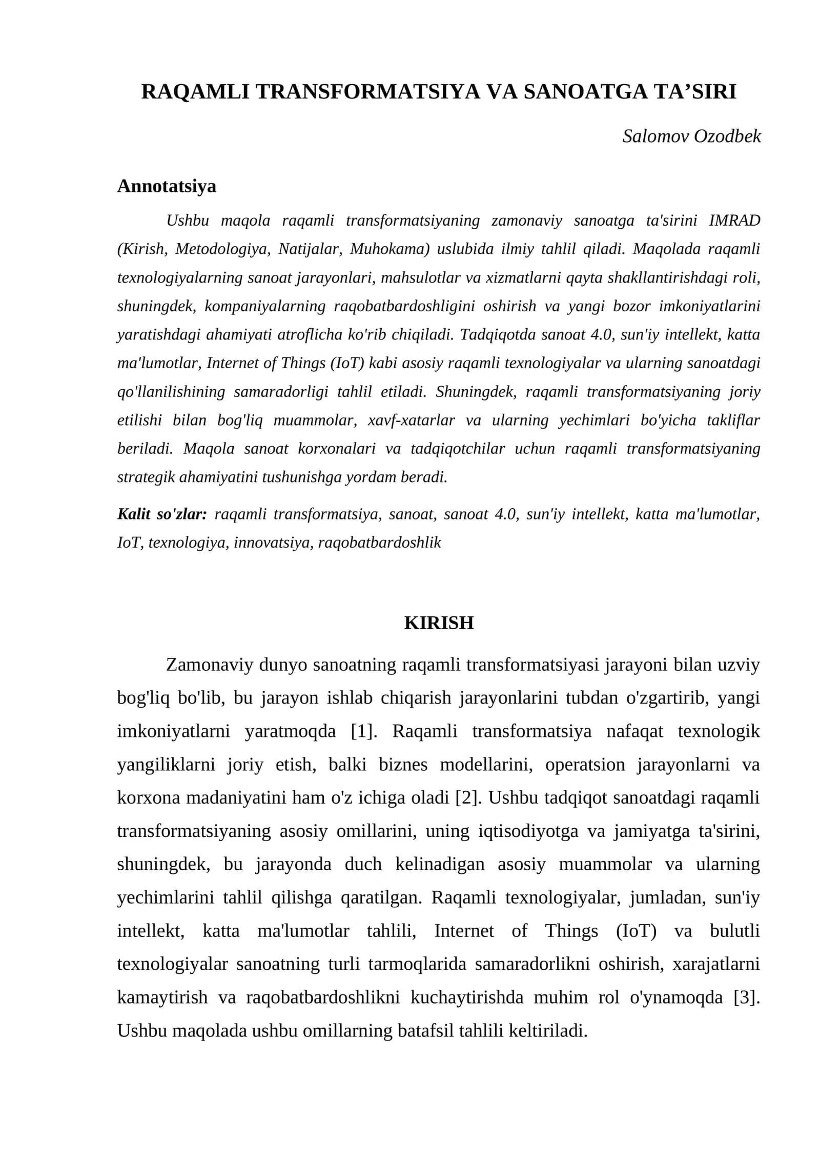 RAQAMLI TRANSFORMATSIYA VA SANOATGA TA’SIRI