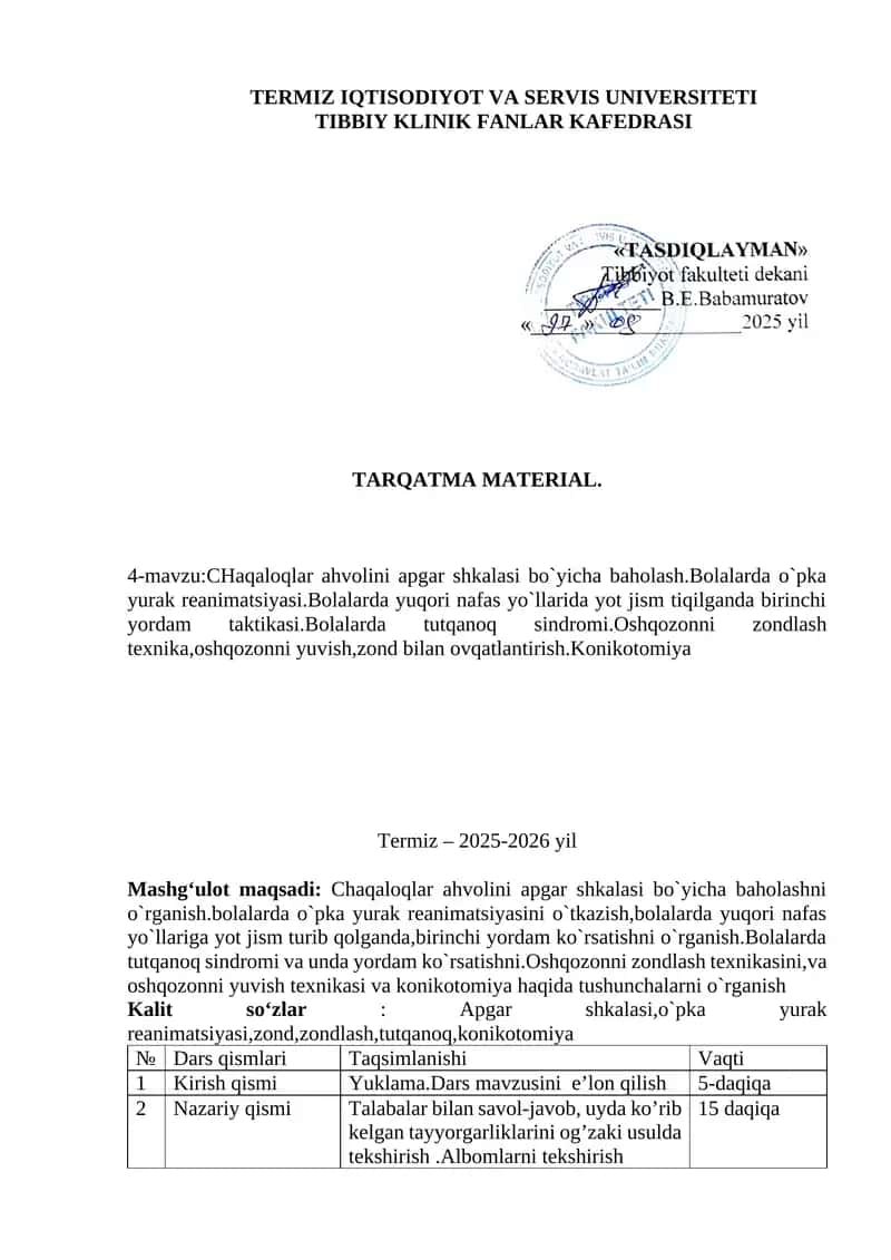 TIBBIY KLINIK FANLAR KAFEDRASI TARQATMA MATERIAL