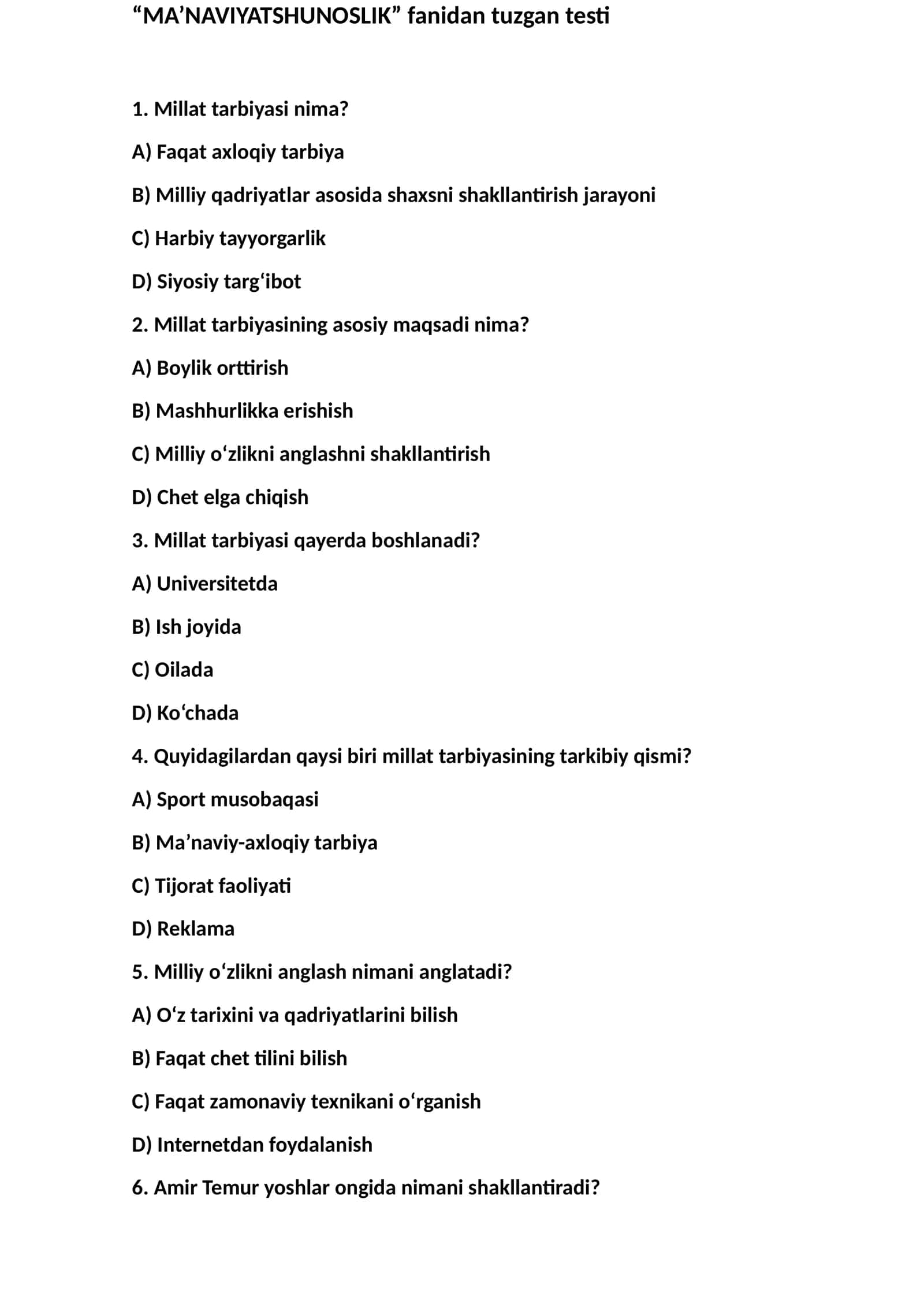 "MA’NAVIYATSHUNOSLIK" fanidan tuzgan testi