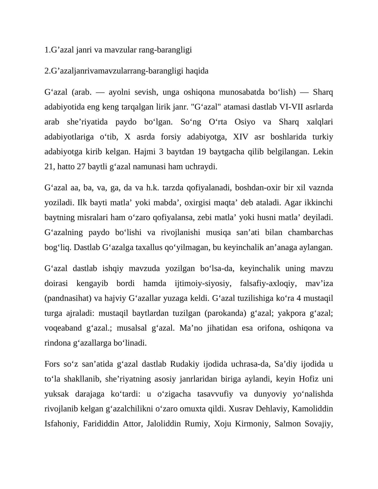 G’azal janri va mavzular rang-barangligi