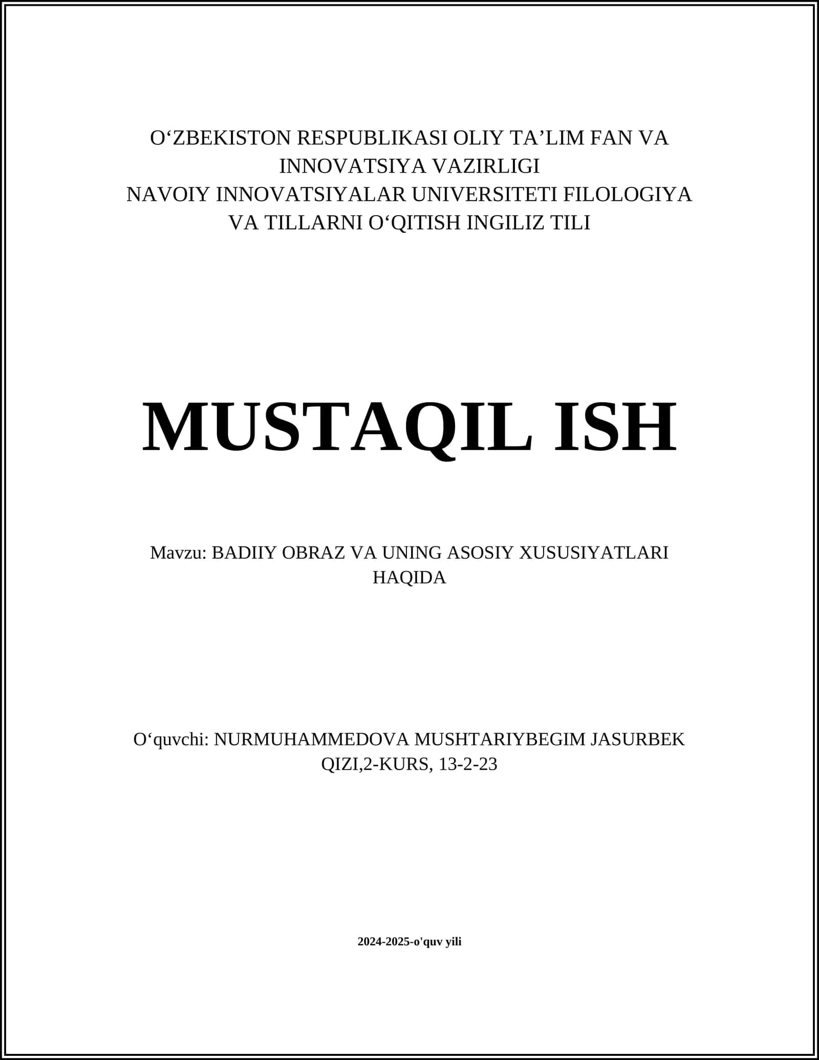 BADIIY OBRAZ VA UNING ASOSIY XUSUSIYATLARI HAQIDA