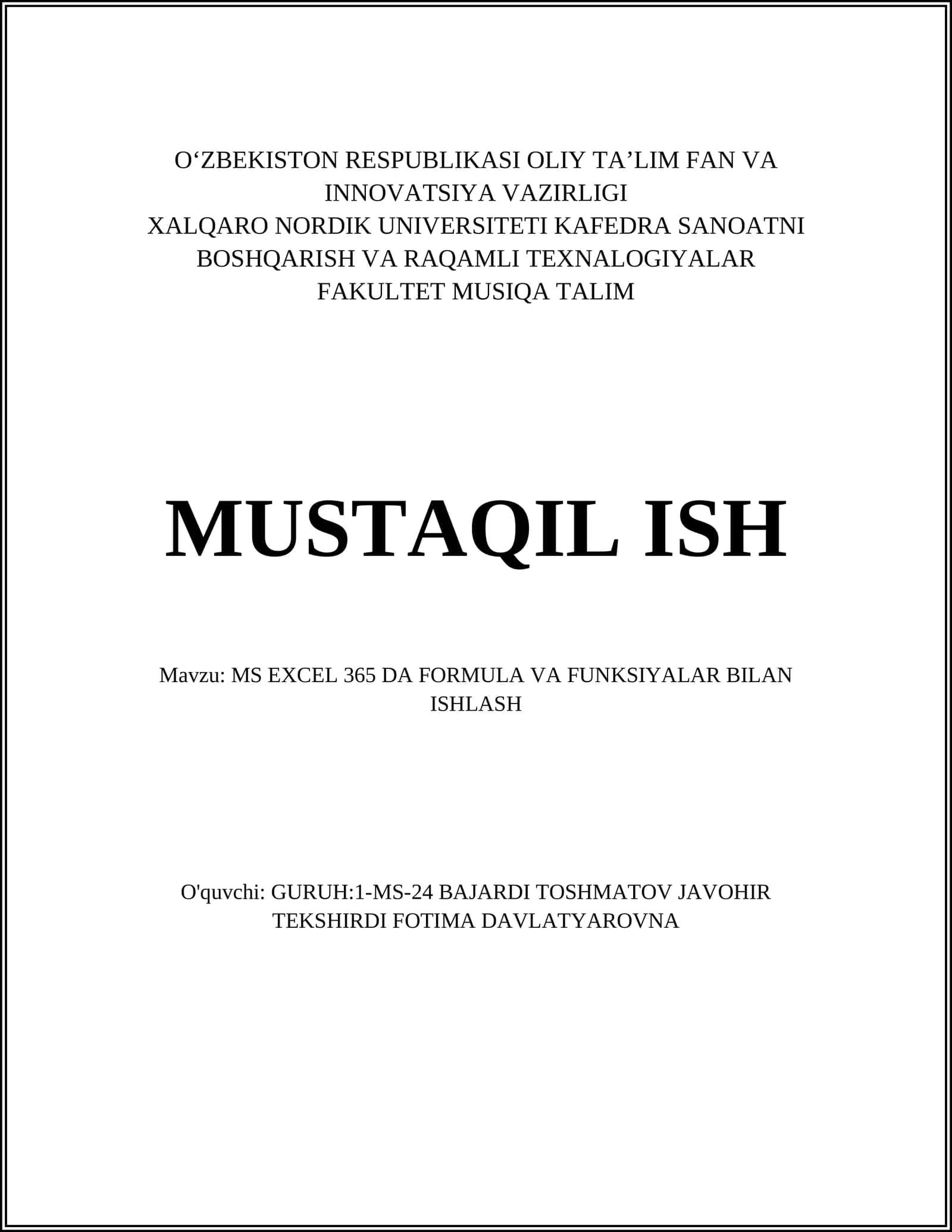 MS EXCEL 365 DA FORMULA VA FUNKSIYALAR BILAN ISHLASH