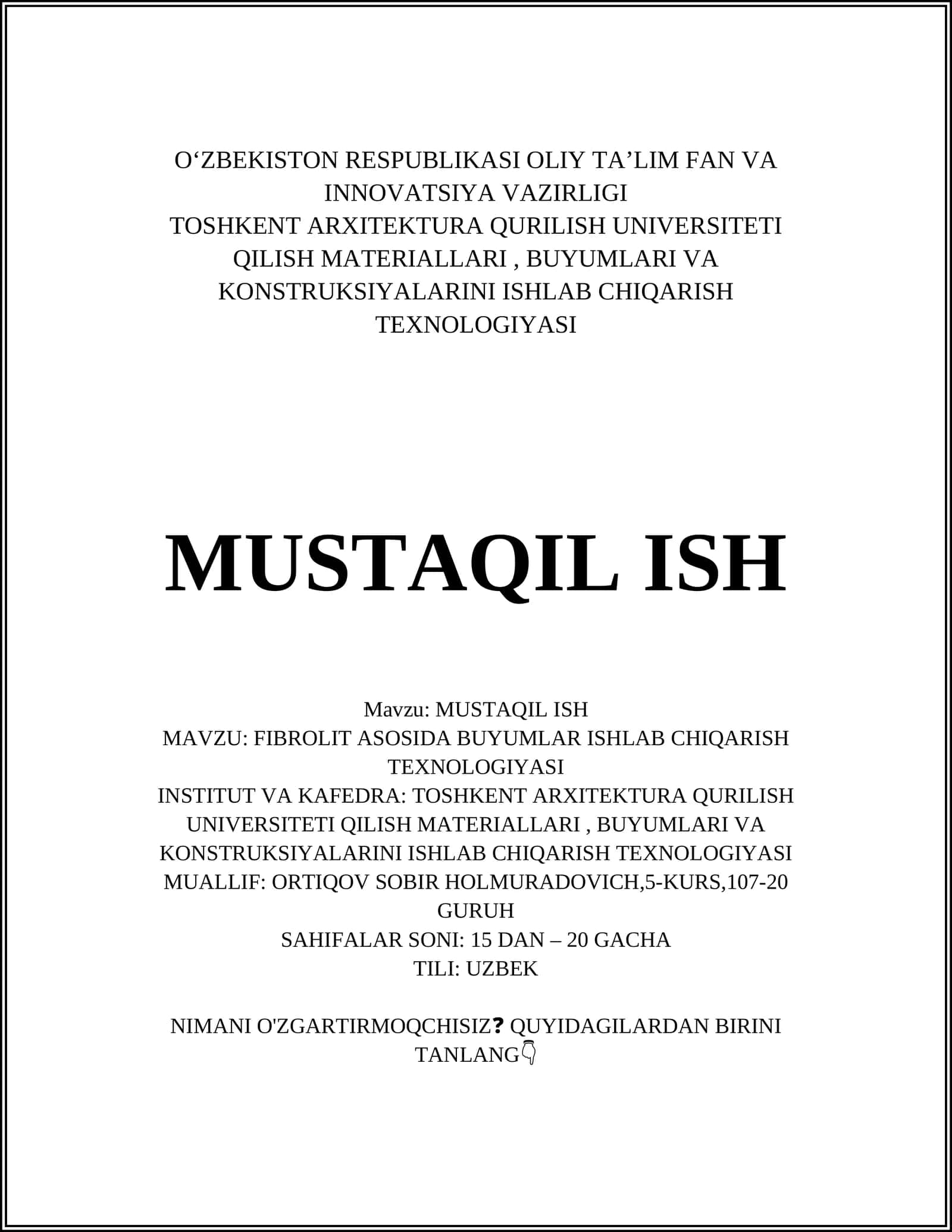 FIBROLIT ASOSIDA BUYUMLAR ISHLAB CHIQARISH TEXNOLOGIYASI
