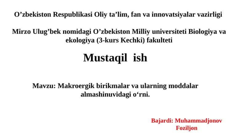 O'simliklar fiziologiyasi mustaqil ish