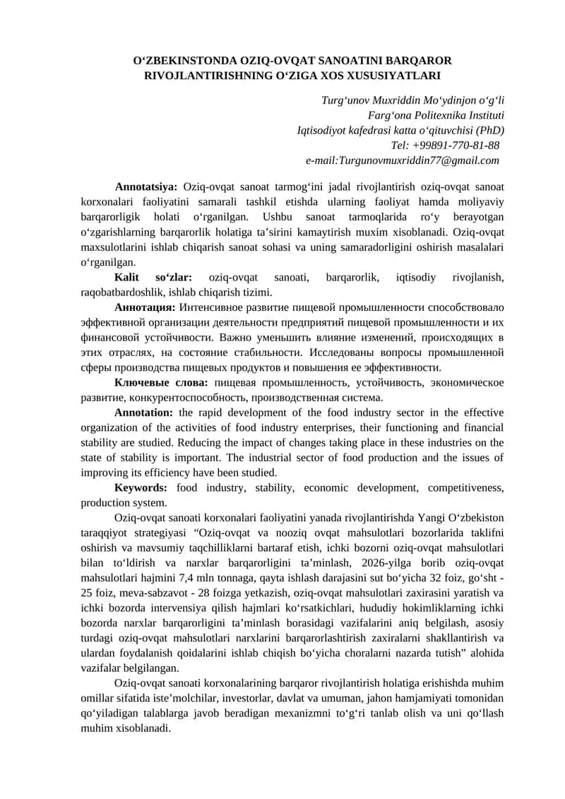 O‘ZBEKINSTONDA OZIQ-OVQAT SANOATINI BARQAROR RIVOJLANTIRISHNING O‘ZIGA XOS XUSUSIYATLARI