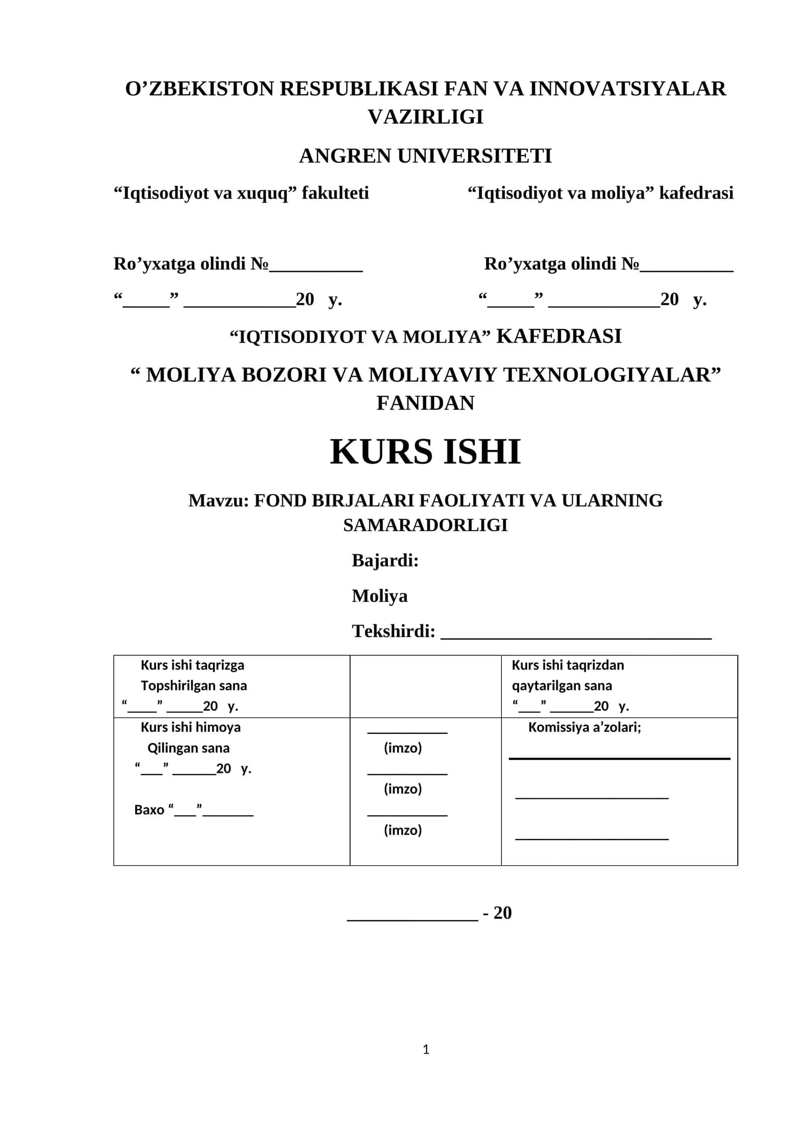 FOND BIRJALARI FAOLIYATI VA ULARNING SAMARADORLIGI KURS ISHI