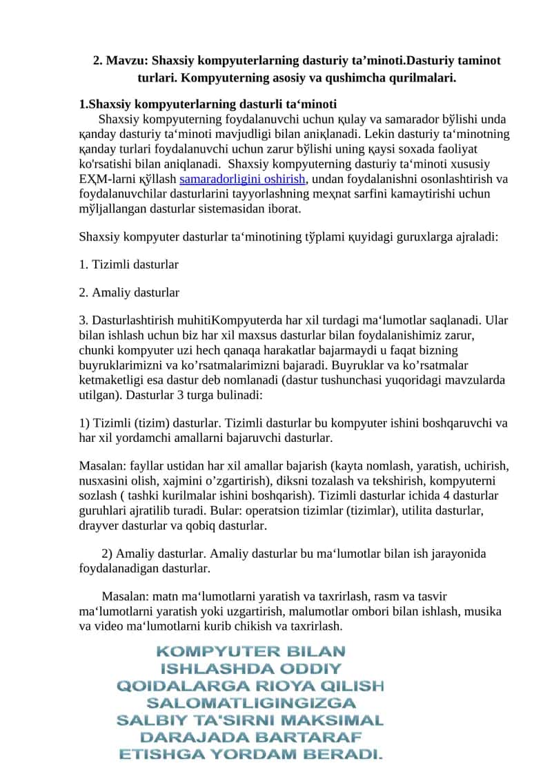 Shaxsiy kompyuterlarning dasturli ta‘minoti
