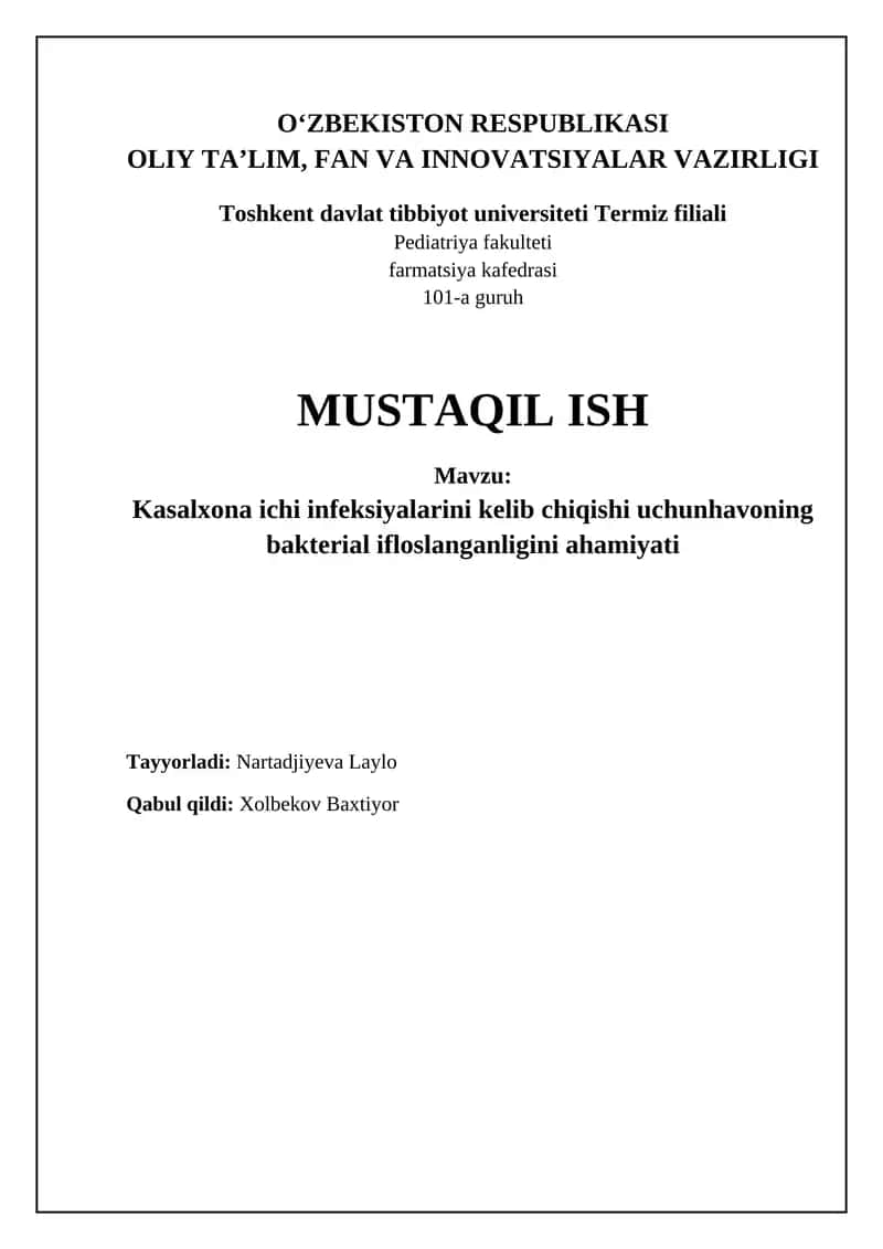 Kasallikxona ichidagi infektsiyalarda havodagi bakterial ifloslanishning ahamiyati
